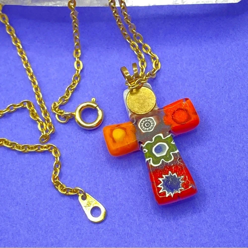 Art Glass Millefiori Christian Cross Pendant Necklace on Vintage Gold To…